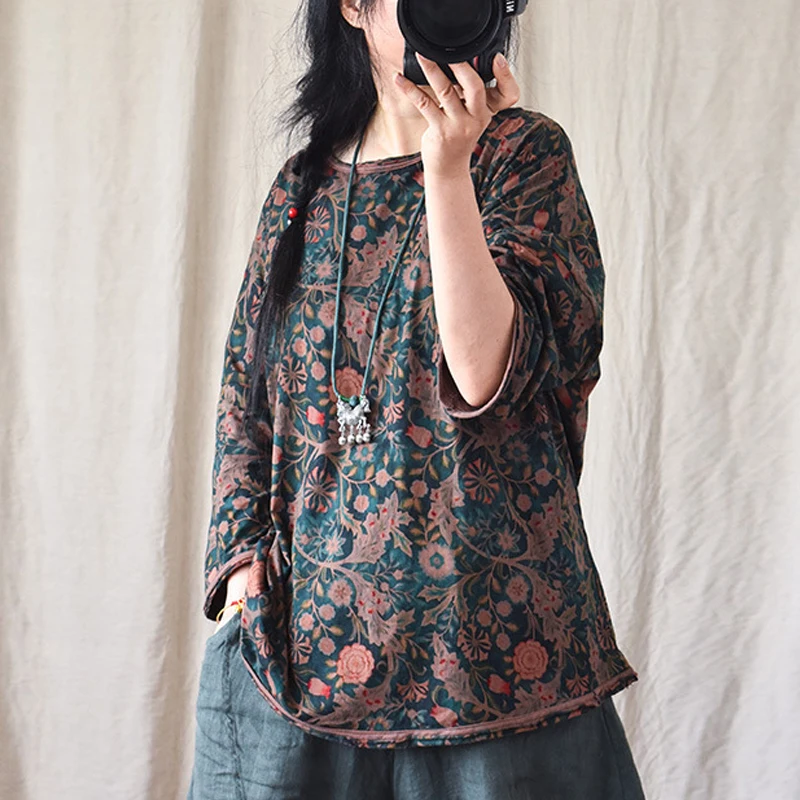 Johnature Women Vintage Linen T-Shirts Print Floral Fall Tees High Quality 2021 Autumn New Female Clothes Loose Soft Tshirts Top | Женская
