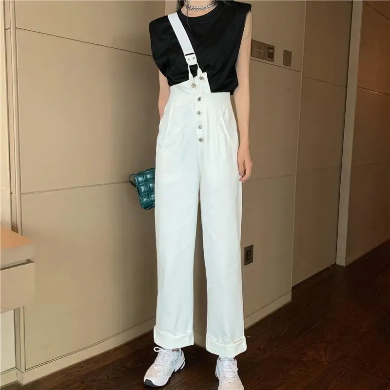 2023 Jeans Jumpsuits White Black High Waist Jean Romper Women Solid Loose Casual Straight Denim Overalls Female Button Jumpsuit