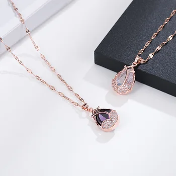 

New Rose Gold Tulip Necklace Mysterious Purple Big Zircon Fashion Light Luxury Temperament Lips Clavicle Chain Jewelry