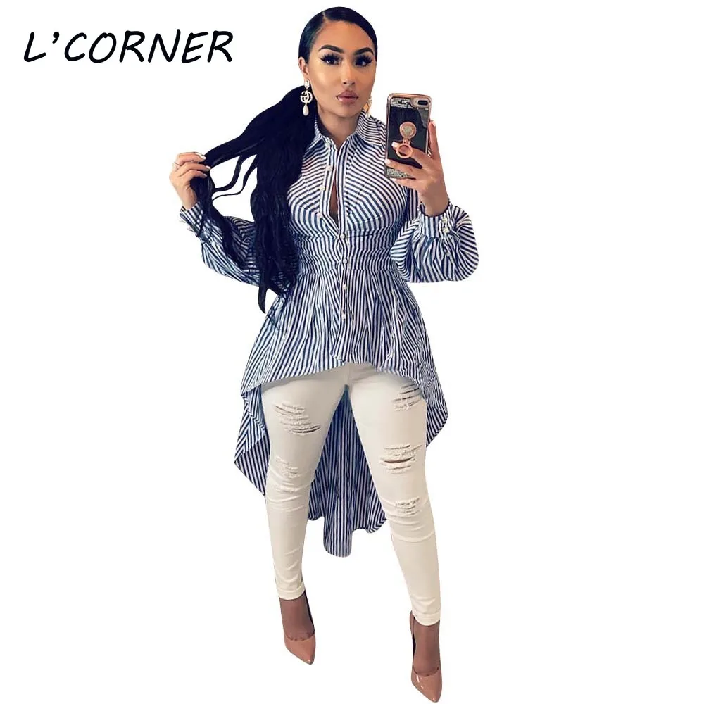 Camisa de manga larga con dobladillo Irregular a rayas para mujer, blusas Maxi de cintura alta a la moda, camisas camisa con botones de grande - AliExpress Ropa de mujer
