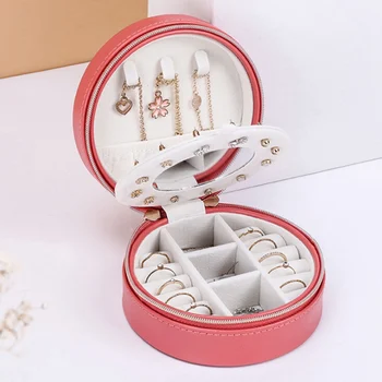 

PU Travel Double Zipper Round Jewelry Box Leather Jewellery Packaging Display Organizer Portable Earring Storage Carrying Case