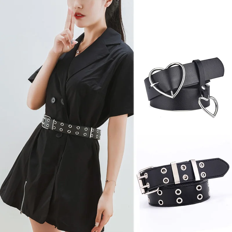 

Punk Fashion PU Leather Belt for Women Metal Heart Square Pin Buckle Waist Strap Trousers Jeans Dress Decorative Waistband