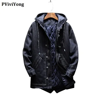 

PViviYong 2019 Winter high quality fashion hooded cowboy Cotton coat men，thicked slim jacket men parka 8027