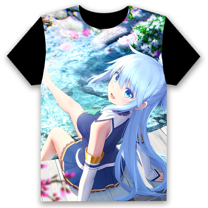 Модная мужская футболка аниме KonoSuba Megumin Aqua Darkness Satou Kazuma, косплей, короткий рукав, унисекс, повседневная черная футболка, топы - Цвет: 16