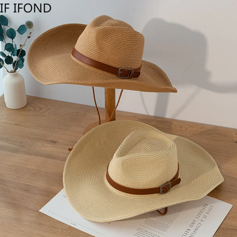 Cappello Da Cowboy In Paglia Naturale - Tesa Larga, Sottogola Regolabile, Per Uomo E Donna, Estate, Spiaggia