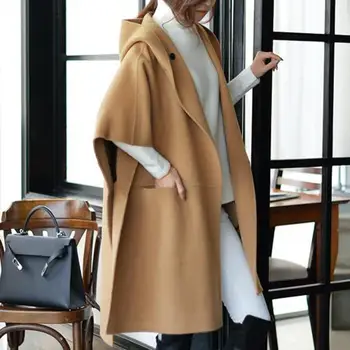 

Chic Women Solid Color Short Dolman Sleeve Loose Hooded Cloak Dust Coat Outwear Woolen All-match Patchwork Casual Women's Cloak