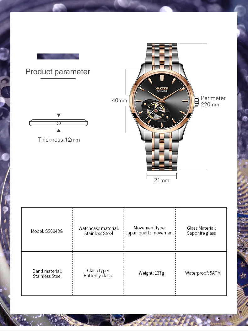 Nakzen Original Japanese Watch Business Men Automatic Mechanical Watch Stainless Steel Band High Quality Four Color Optional