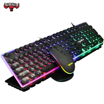 

Wired Pro Gaming Russian Keyboard Mouse Combos Retro Round Glowing Keycap Metal Panel Backlit USB Wired Computer Game Keyboards