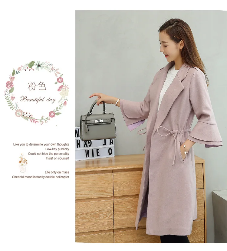 Autumn And Winter New Style Korean-style Long Sleeve Fold-down Collar Loose-Fit Flounced Sleeves Long Drawstring Duffle Coa