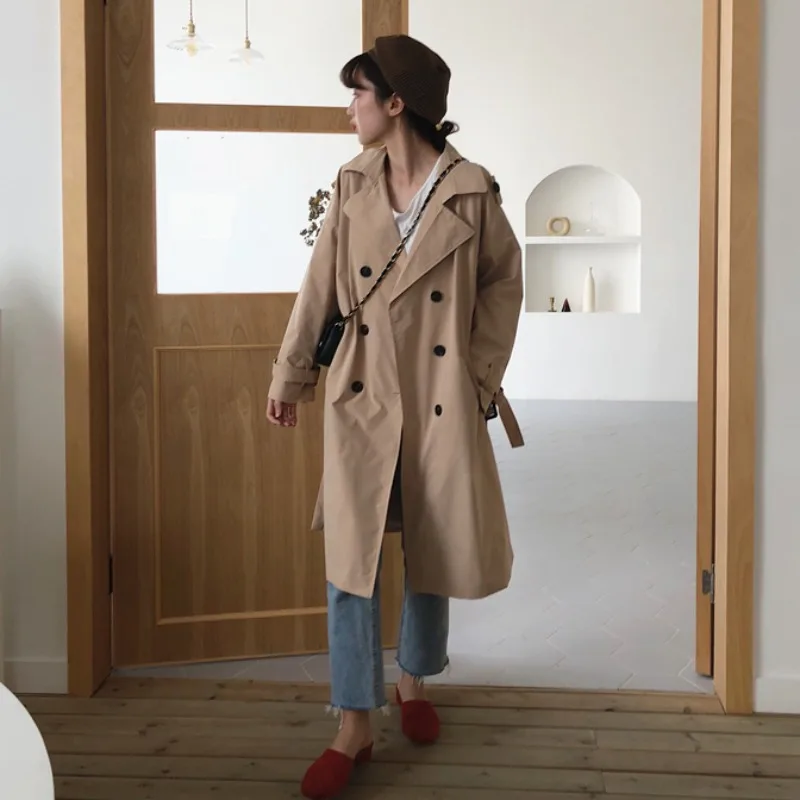 

Spring Windbreaker Female Medium Long British Style Loose Student Trench Coat For Women Fashion Long Khaki OverKnee Temperament
