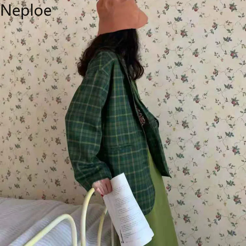 Neploe, Зеленый Клетчатый Блейзер, осень, весна, костюм, свободный, Повседневный, для работы, офиса, стиль, один нагрудный пиджак, длинный рукав, 47264
