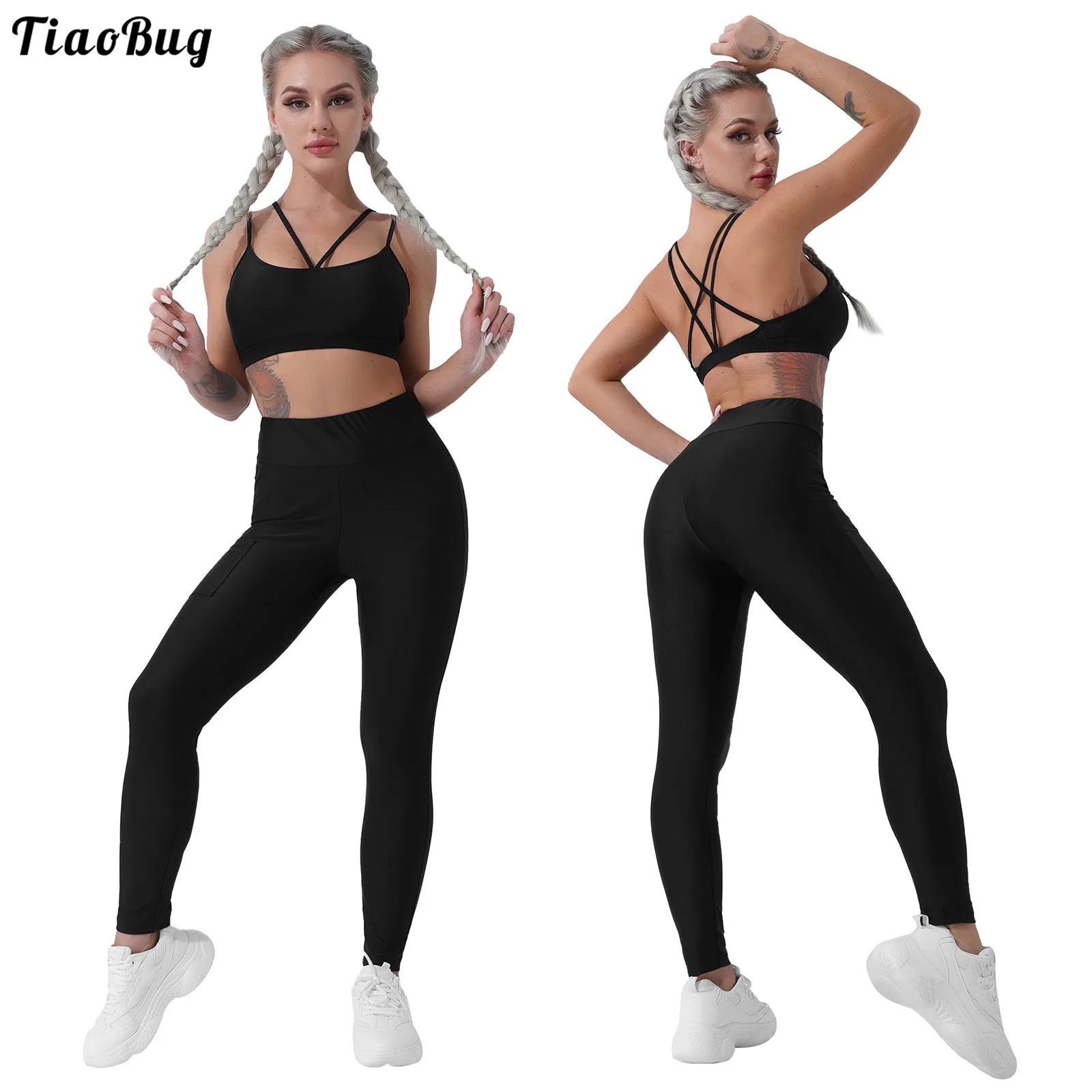 

TiaoBug Summer 2Pcs Women Sport Yoga Suit V Neck Spaghetti Strap Cross At Rear Removable Chest Pads Sport Bras Tops And Leggings