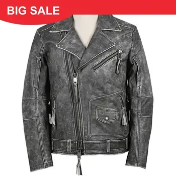 

2020 Vintage Grey American Style Motorcycle Leather Jacket Plus Size XXXXXL Genuine Cowhide Autumn Slim Fit Biker's Leather Coat