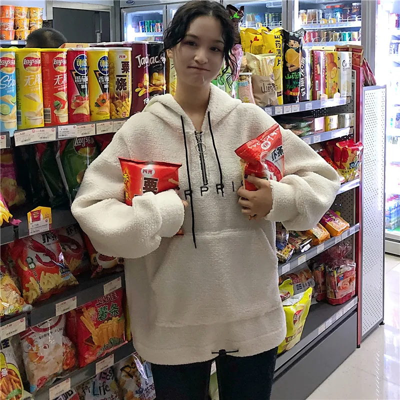 Price+ 5 Photo Shoot Net Price! 3059# Autumn And Winter New Style Korean-style Loose-Fit Laziness Faux Lambswool Hooded