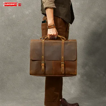 

Men Briefcase Male Handbags Laptop Shoulder Messenger Bag School Travel Bags Retro Large Capacity Business Crazy Horse Leather