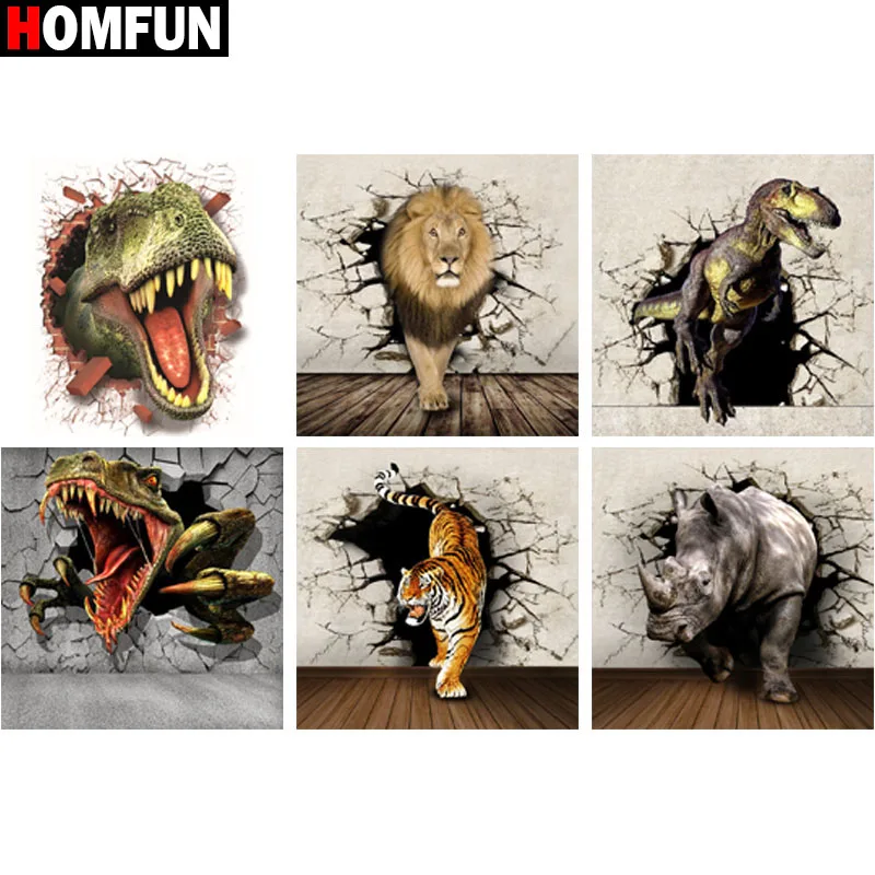 

HOMFUN Diamond Painting Full Square/Round Diamond "Animal breaking wall" Pattern Embroidery Cross Stitch 5D Rhinestone Painting