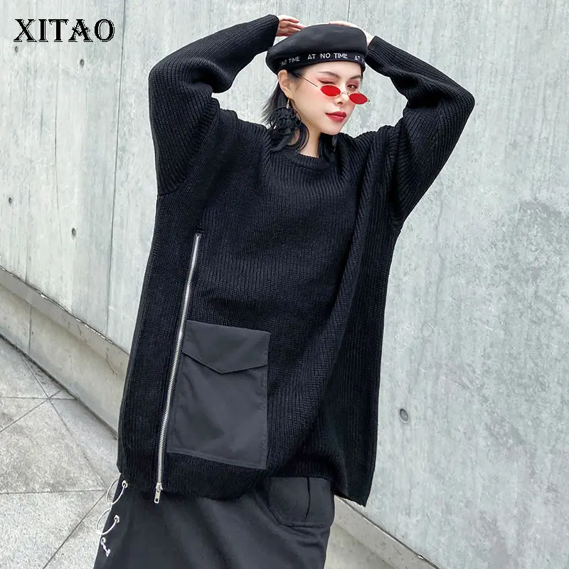 

XITAO Knitted Pleated Sweater Fashion New 2019 Winter Pullover Pocket Full Sleeve Patchwork Elegant Casual Sweater GCC2860