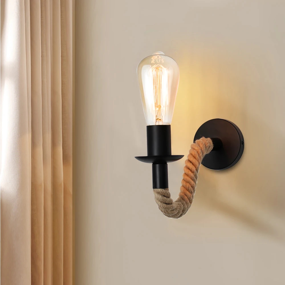 Wood Wall Lamp Vintage Hemp Rope Wall Lamp E27 110V 220V Industrial Sconce Bedside Indoor Loft Outdoor corridor Lights