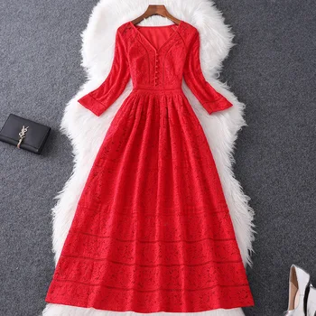 

Plus size XXXL XXXXL women big size dress summer 2020 V-neck 3/4 sleeve a-line elegant red lace party dresses