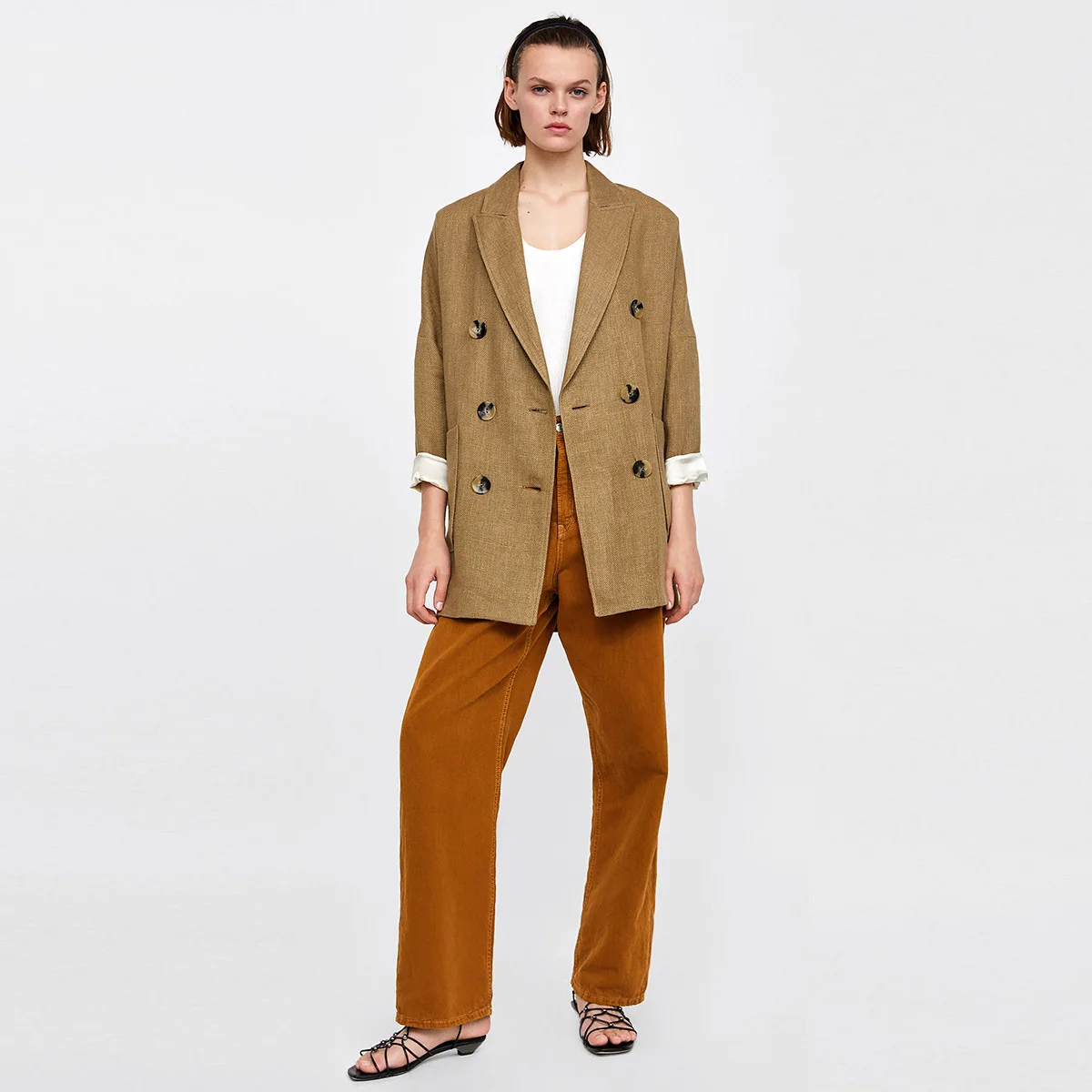 

Simple Casual Texture Fabric Retro Decorative Buttons Commuter Loose Suit Jacket 2019 Notched Double Breasted Women Jacket Coat