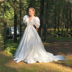 Charming Fashion Elegant Prom Dresses Puffy Sleeves Deep V Neck Backless Women Long Evening Party Gowns Plus Size Custom Made