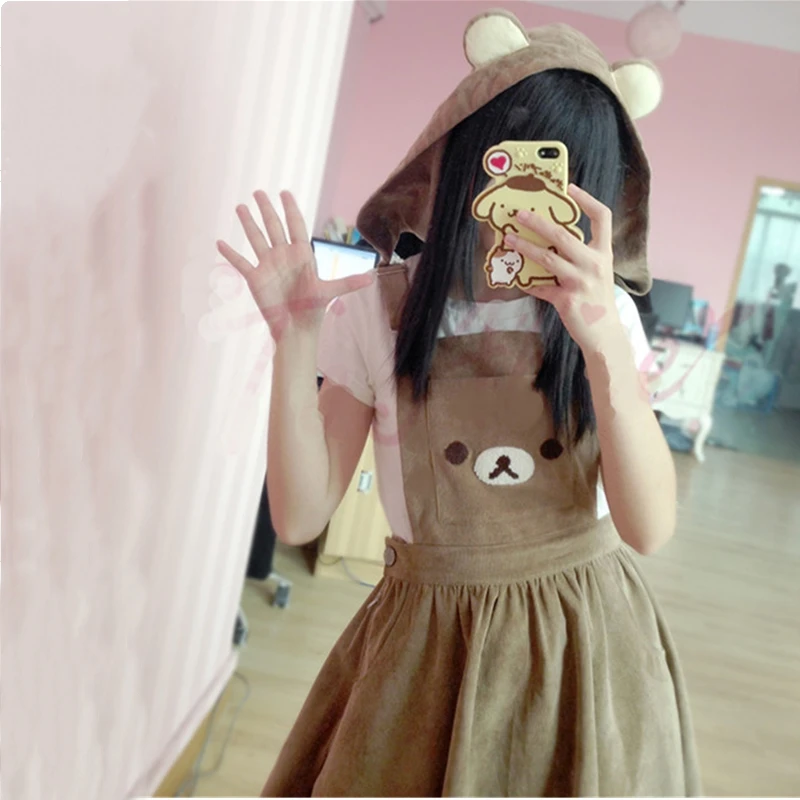 Lolita Suspender Dress Lolita Dress Lolita Skirt Kawaii Rilakkuma Lolita Overall Dress Cute Bear Embroidery Hood Ball Gown Japanese Harajuku Sweet Women Teenage Girls Jumpskirt