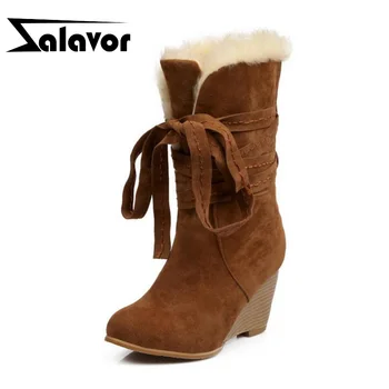 

ZALAVOR Sexy Women High Wedges Boots Lace Up Plsuh Snow Boots Winter Warm Fur Shoes Women Office Lady Footwear Size 34-43