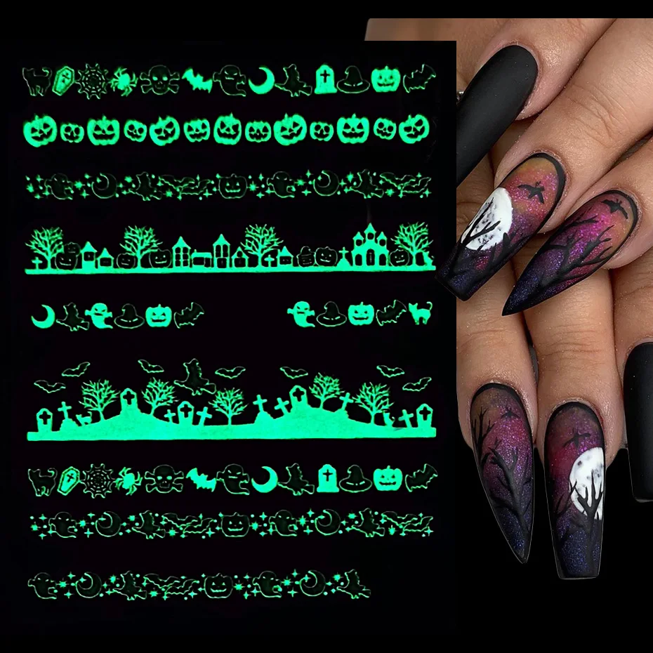 Luminous Halloween Nail Art Stickers 3D Spooky Sliders Glow Dark Pumpkin  Evil Eye Spider Skull Snake Polish Holiday Decoration - AliExpress
