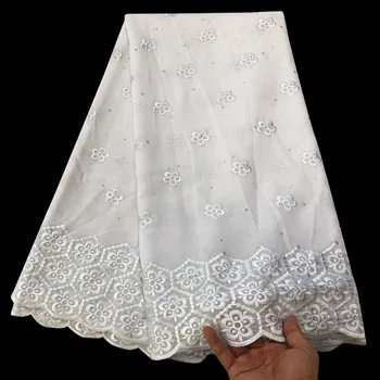 

2019 Latest Swiss Voile Lace Cotton High Quality Embroidered Ribbon White Nigerian Lace Fabrics With Stones Dress DC-9854
