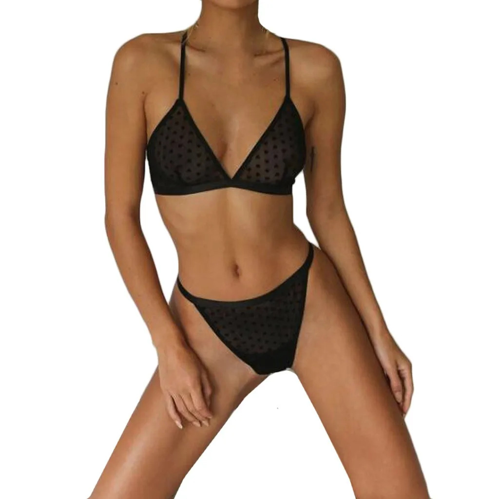 

Sexy Bra Set New Fashion Women Sexy Lingerie Black Plus SizeSolid Bra + Thong Mesh Nightdress V-neck Wire Free Seamless Halter