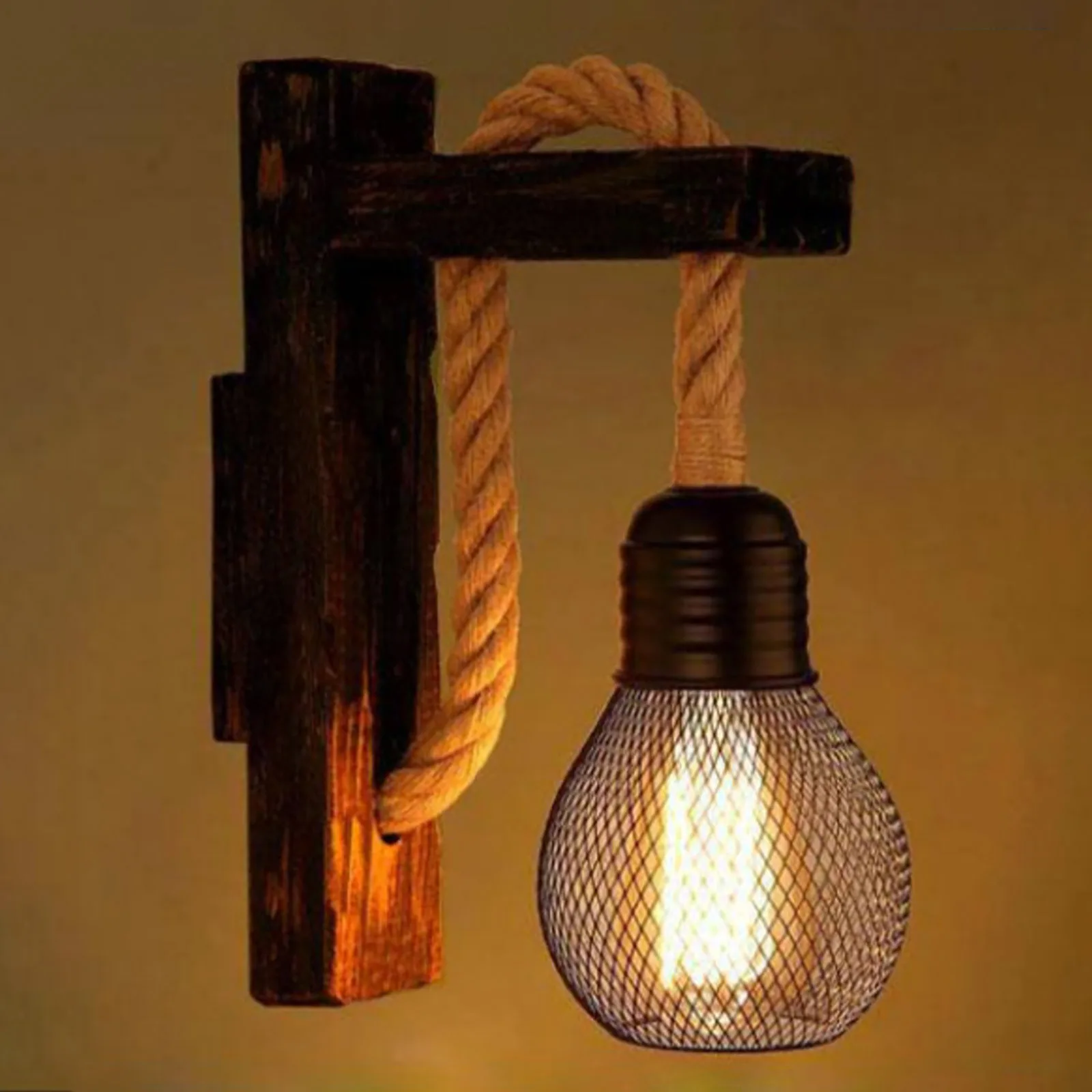 

Industrial Minimalist Wood LED Wall Lamps Vintage Wood Hemp Rope Wall Lights Bedroom Bedside Stair Aisle Corridor Porch Sconces