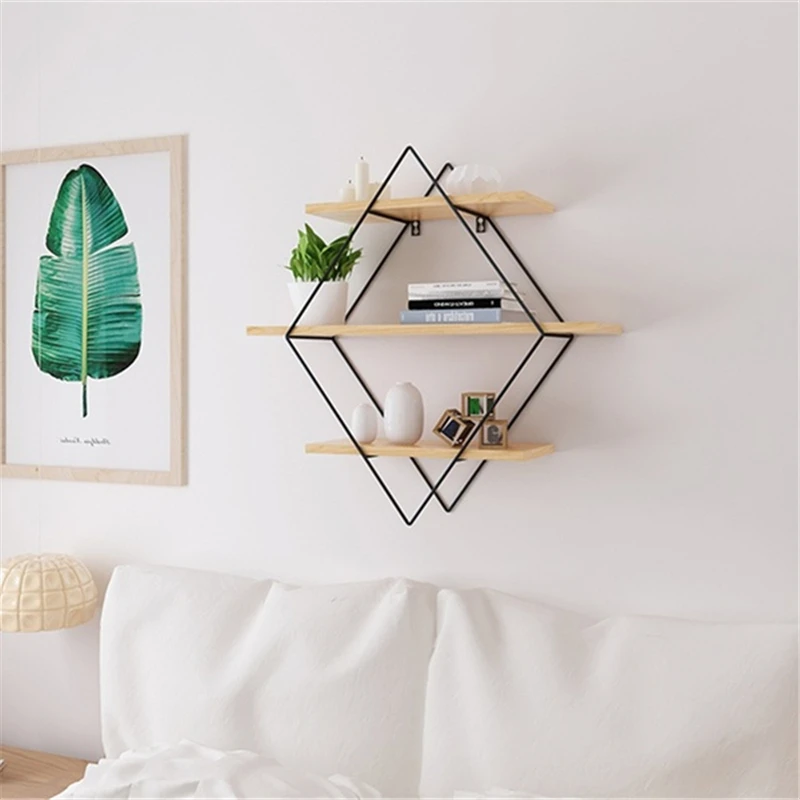 buy Wall Shelf Iron Metal Retro Wood Wall Storage Shelves Rhombus Bookshelf Bedroom Office Kitchen Bathroom Storage Holder Book Rack