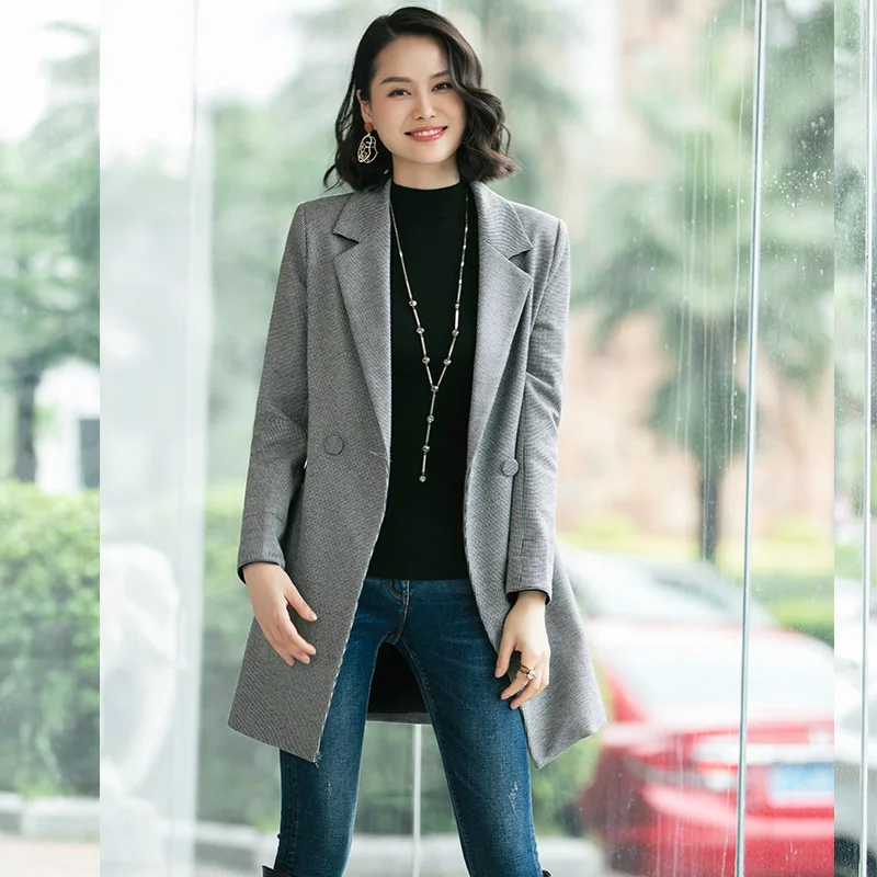 

2019 Spring And Autumn New Style Gray Mid-length Suit Jacket Female Suit Korean-style Slim Fit CHIC Small Suit Coat Women's