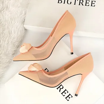 

Women's high-heeled sandals Europe and America sexy nightclub fine with mesh openwork satin rose flower single shoes 2019 summer