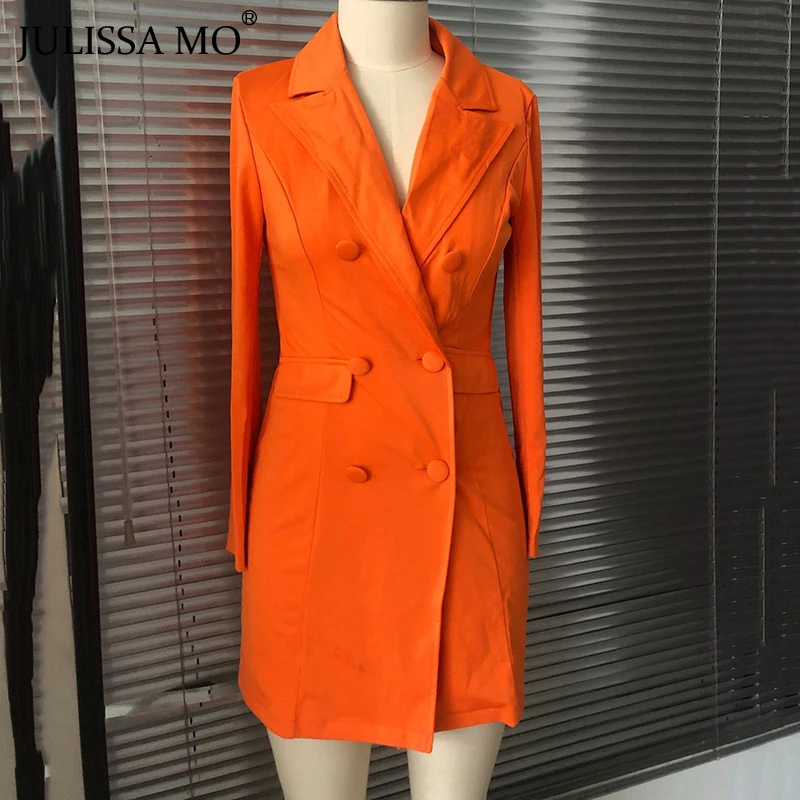 Julissa mo оранжевый зубчатый воротник блейзер платье для женщин Осень Зима с длинным рукавом двубортное шикарное пальто офисные женские пиджаки Топ