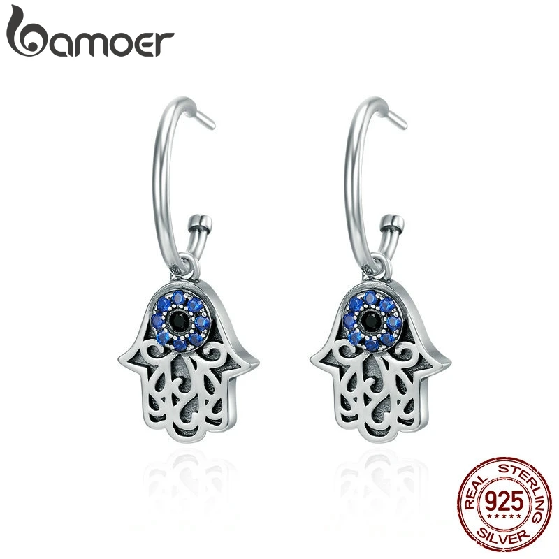 Koop Bamoer Hot Koop 100% 925 Sterling Zilveren Lucky Hamsa Hand Ronde Hoepel Oorbellen Voor Vrouwen Mode Sterling Zilveren Sieraden SCE244
