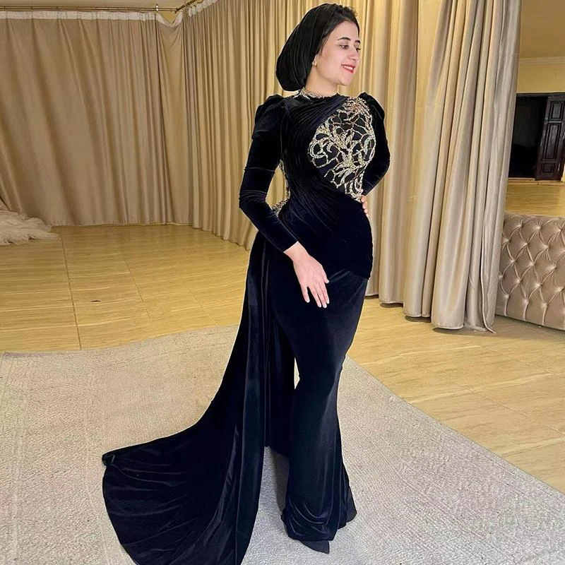 SoDigne Muslim Arabic Prom Dress Middle East Formal Gown Black Velvet Beads Long Sleeve O Neck Mermaid Gowns Evening Dresses red prom dress Prom Dresses