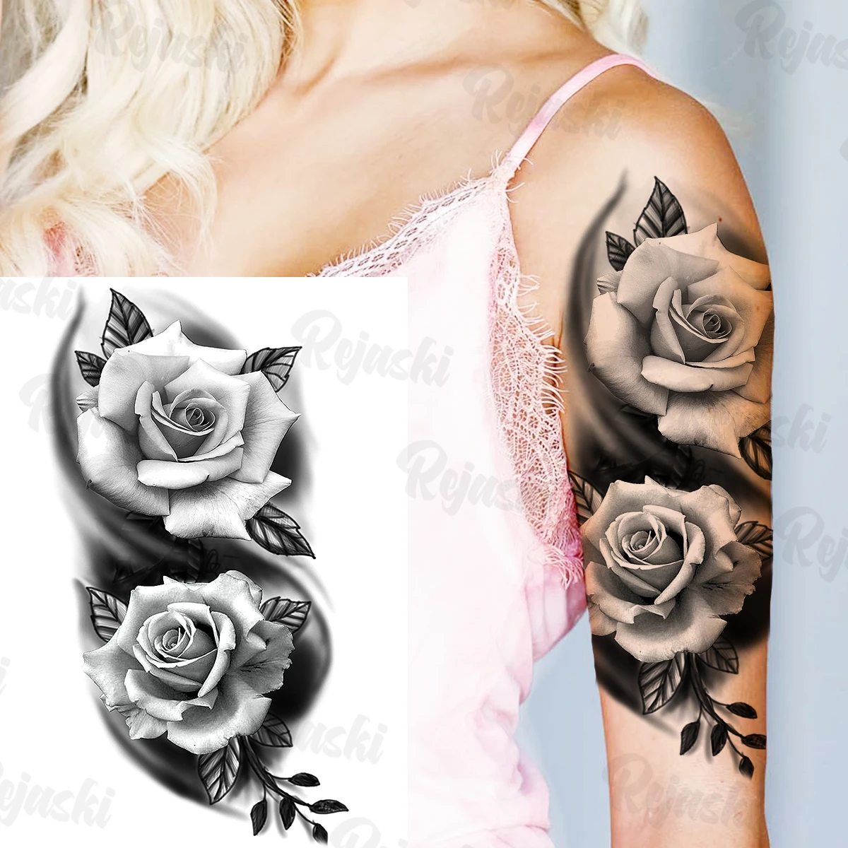 Big Rose Flower Cross Temporary Tattoos For Women Adults Realistic Henna Rose Flower Feather Fake Tattoo Sticker Arm Back Tatoos