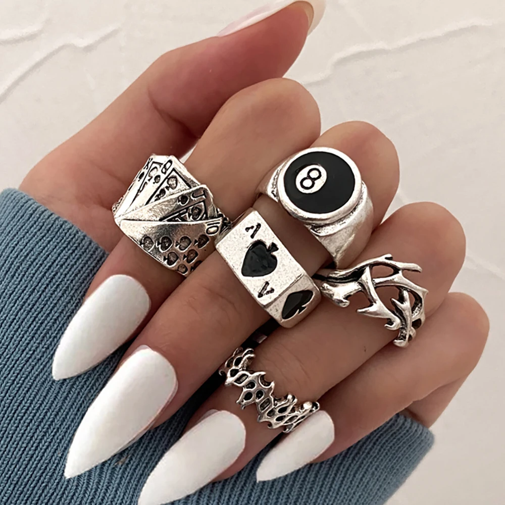 Punk Gothic Heart Ring Set for Women Black Dice Vintage Spades Ace Silver Plated Retro Rhinestone Charm Billiards Finger Jewelry