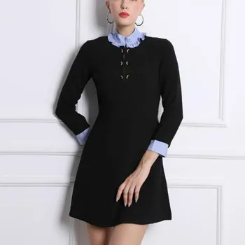 

Women Dress Autumn and Winter New Ruffled Collar Contrast Stitching Long-sleeved Women's Dress