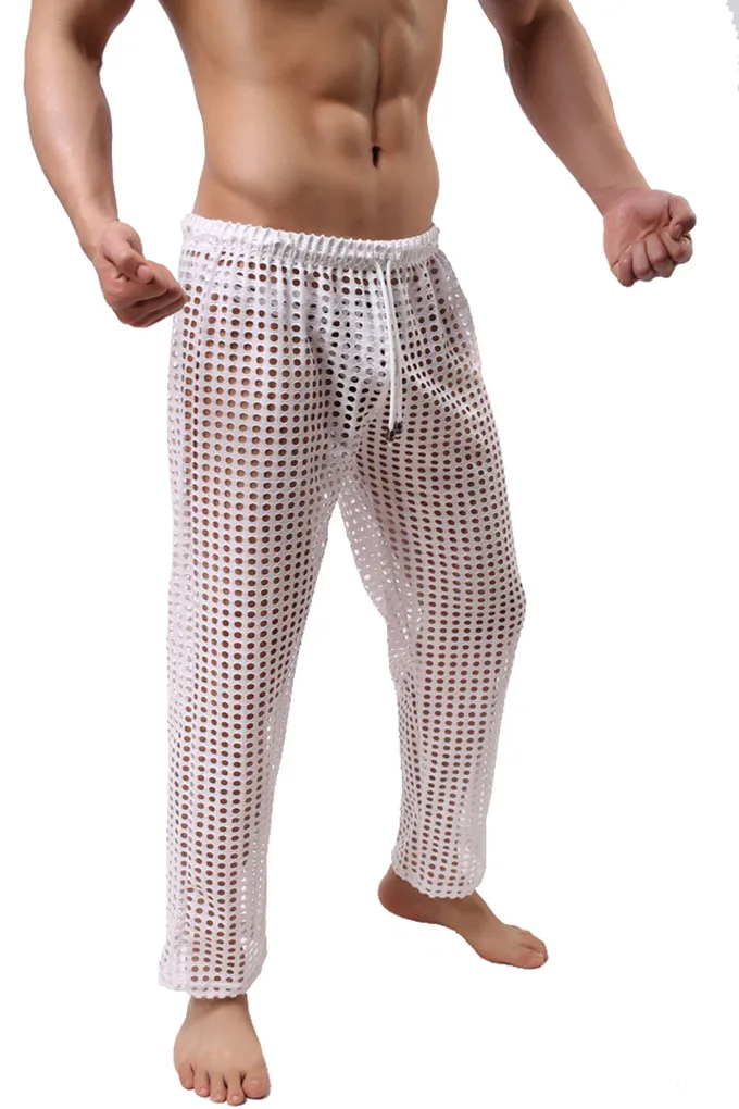 Men's Fashion Sexy Transparent Mesh Pants Drawstring Breathable Trousers Fashion Loose Casual Pajama Pants