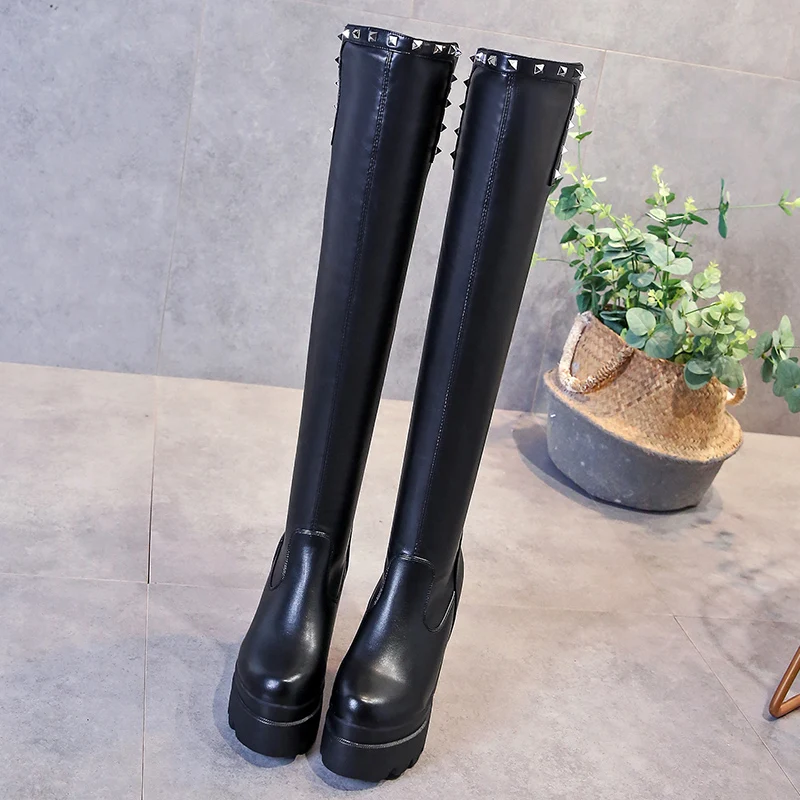 

Fashion Rivets Thigh High Boots Women Over The Knee Boots Height Increasing Platform Wedges Women Shoes Winter Casual Long Boots
