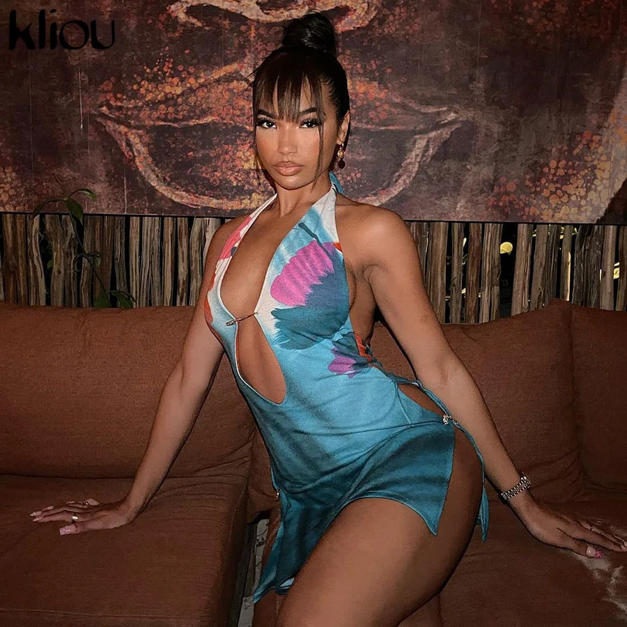 Женское платье с открытой спиной принтом глубоким V-образным вырезом лето 2021 |