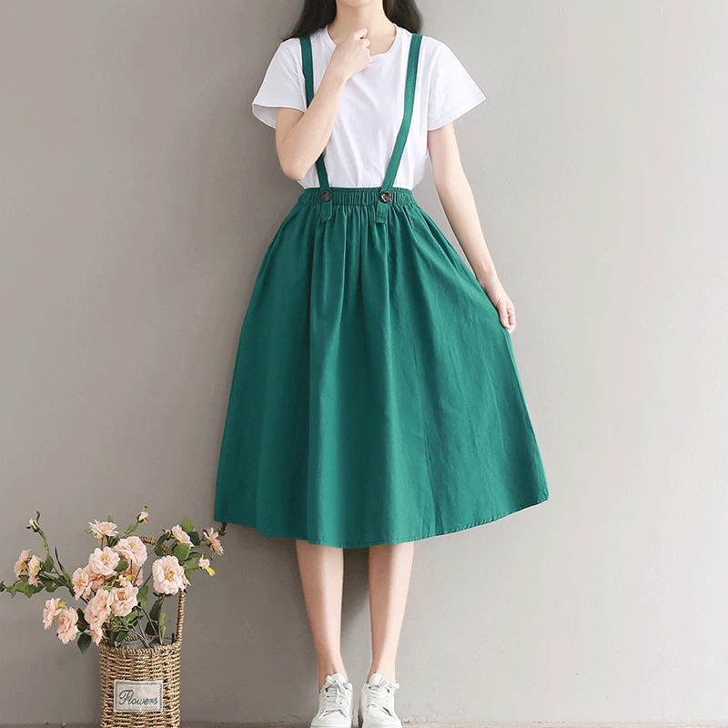 

Japanese Mori Girl Skirt Pure Color Midi Saia Women High Waist Cotton and Linen Long Skirts Pockets Navy Blue,Green