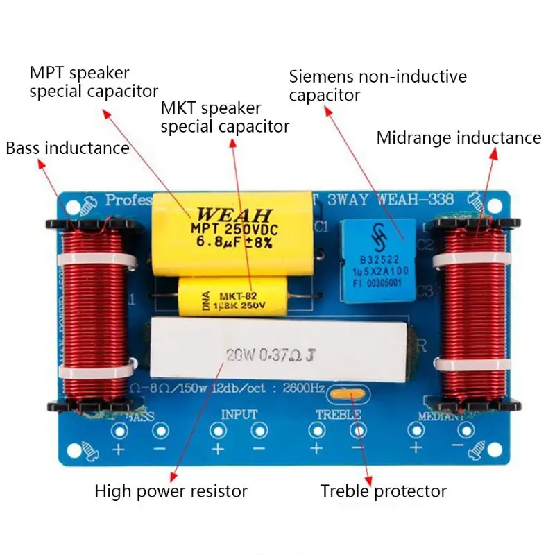 WEAH-338 3 Way 120W Speaker Audio Frequency Divider Loudspeaker Crossover Filter 95AF