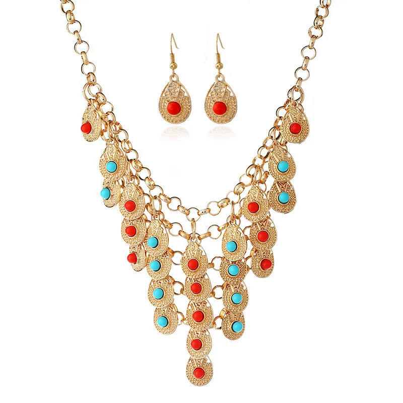 

Bohemian Multilayer Water Drop Inlay Colorful Beads Tassel Pendant Necklace Earrings Women Wedding Party Fashion Jewelry Sets