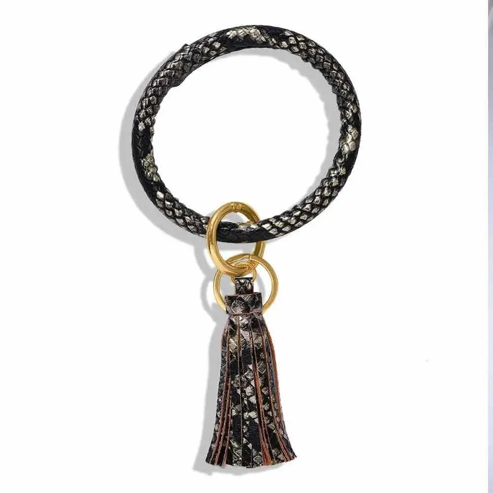 Dvacaman New Fashion Multi-Color Tassel Keychain Enamel PU Leather O Key Chain Monogram Circle Wristlet Keychain For Women Girls - Цвет: 2