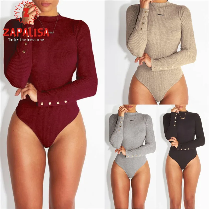 Zapalisa Turtleneck Bodycon Bodysuit Elegant Solid Patchwork Long Sleeve Jumpsuit Cuff Button Decor Slim Winter | Женская одежда
