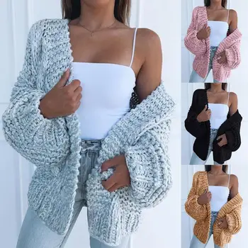 

Winter Fashion Women Thick Sweater Cardigan Warm Solid Color Open Front Coat Polyester Spandex Warm Open Front All-match Sweater