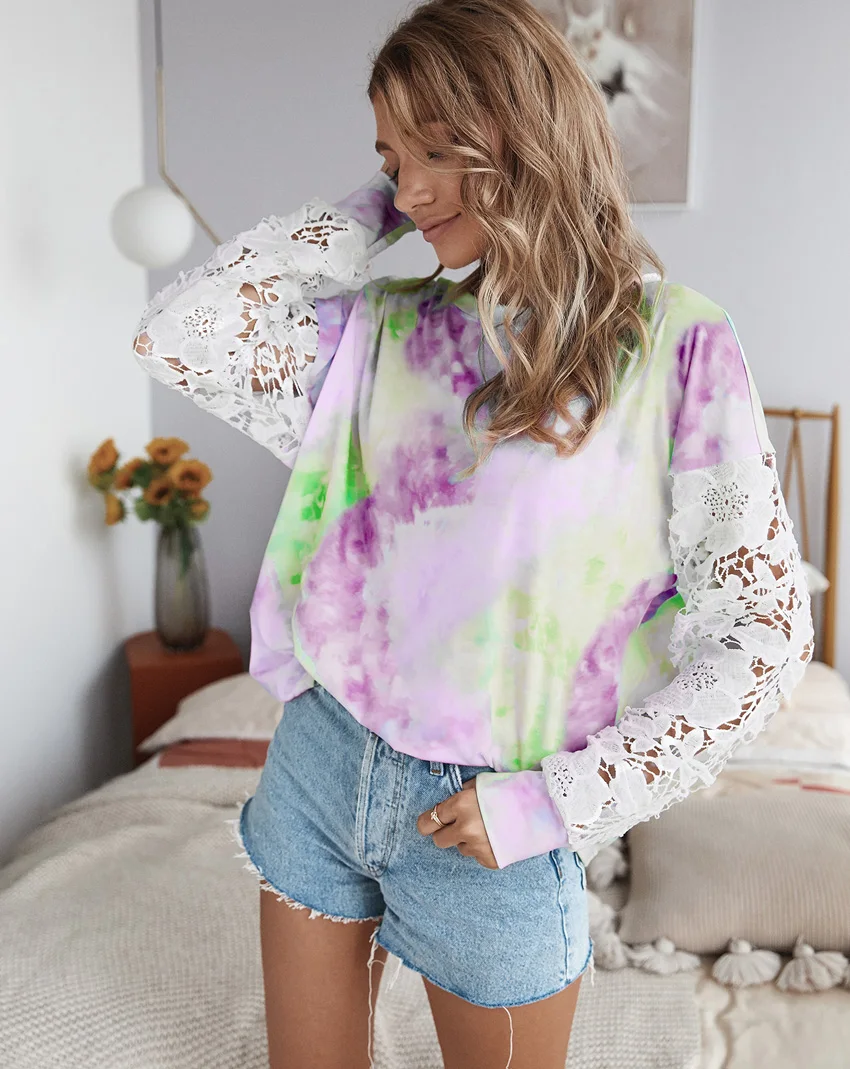 Jessie Vinson Long Sleeve T Shirt Women Chic Lace Sleeve Tie Dye Print Tshirt Autumn Casual Loose Tops Female Tee Clothing 2020